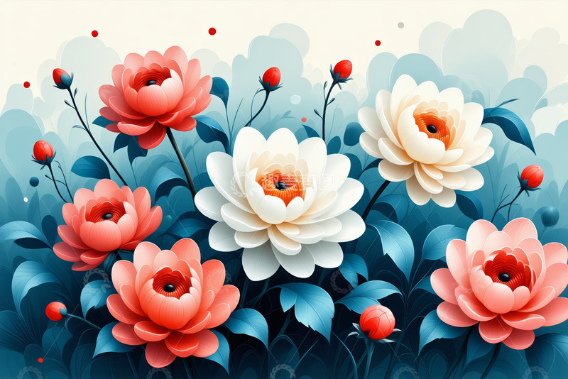 高清大图下载【趣麦麦图】粉色白色花卉插画