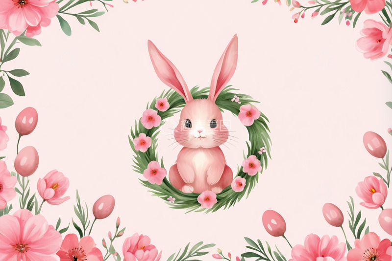 高清大图下载【趣麦麦图】粉色兔子与花卉装饰图案