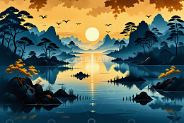 山水湖泊落日自然风光