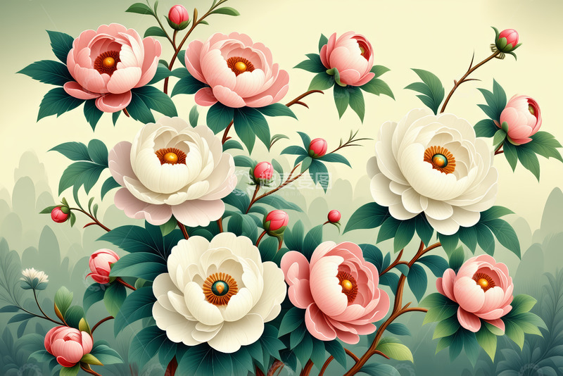 高清大图下载【趣麦麦图】盛开的粉色白色花卉插画