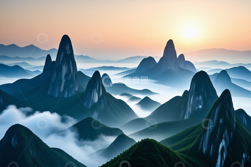 高清大图下载【趣麦麦图】日出时分群山云海景观