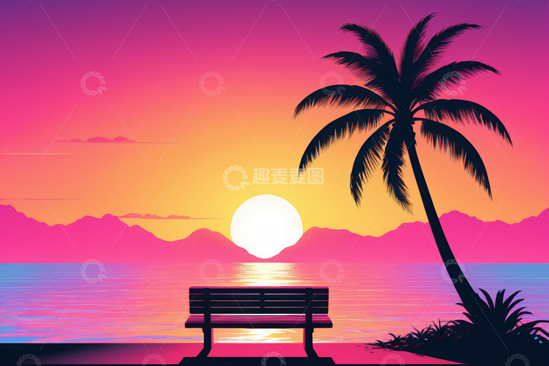 高清大图下载【趣麦麦图】海滩边棕榈树下长椅日落景象