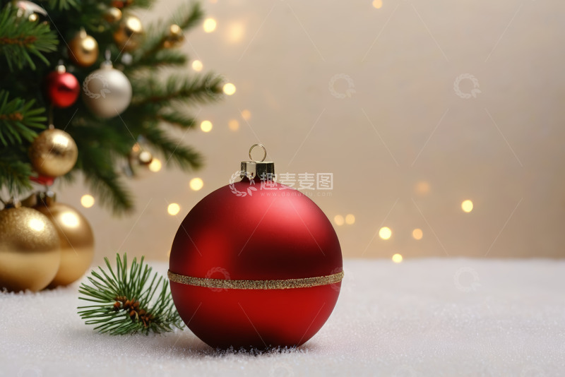 高清大图下载【趣麦麦图】红色圣诞球与圣诞树装饰特写