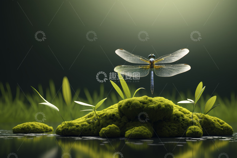 高清大图下载【趣麦麦图】蜻蜓停留在苔藓上的自然场景