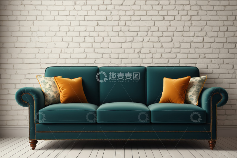 高清大图下载【趣麦麦图】蓝绿色沙发搭配抱枕室内场景