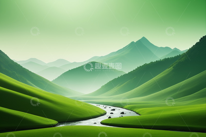 高清大图下载【趣麦麦图】绿色山峦间的蜿蜒溪流