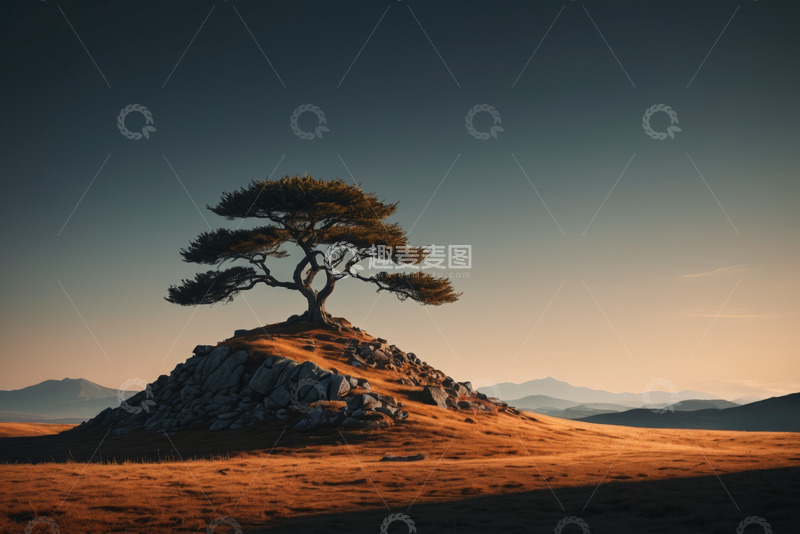 高清大图下载【趣麦麦图】山丘上的孤树自然风光