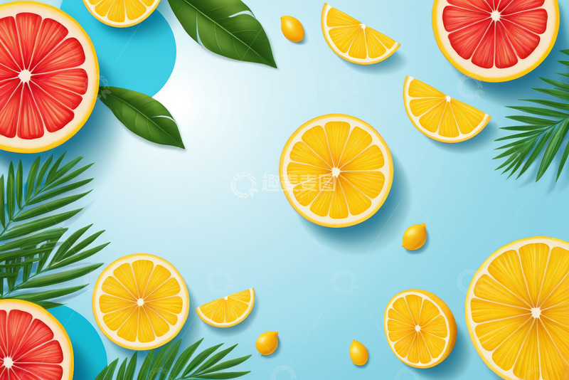 高清大图下载【趣麦麦图】蓝色背景上的柑橘类水果插图