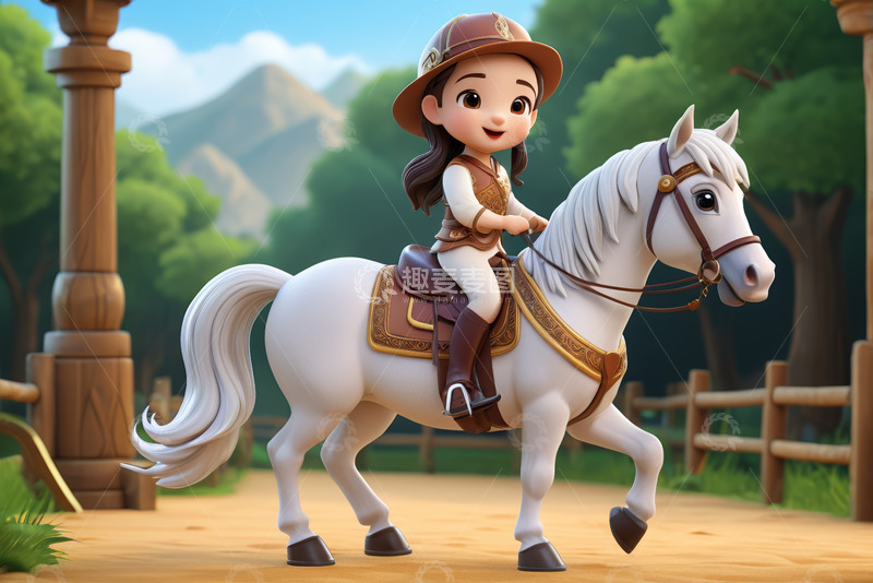 高清大图下载【趣麦麦图】卡通女孩骑马场景
