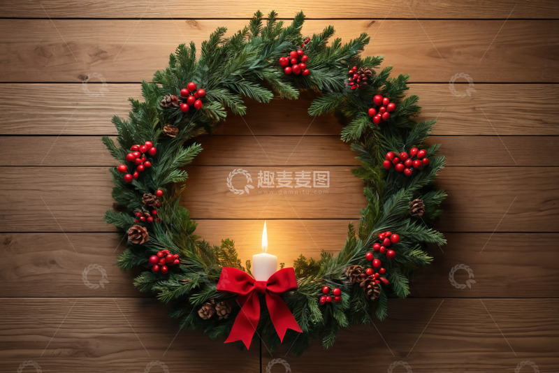 高清大图下载【趣麦麦图】木质背景上的圣诞花环装饰
