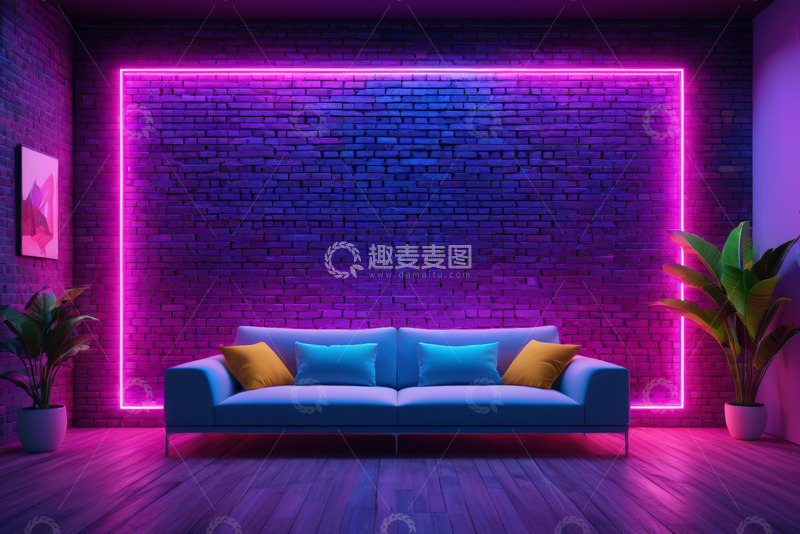 高清大图下载【趣麦麦图】室内紫色霓虹灯光下的沙发场景