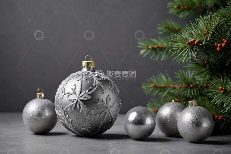 高清大图下载【趣麦麦图】银色圣诞装饰球与圣诞树素材