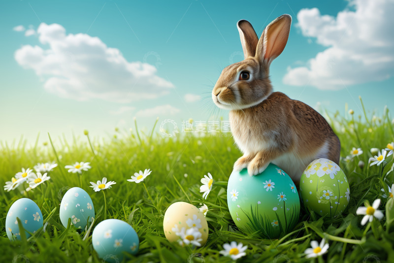 高清大图下载【趣麦麦图】草地上的兔子与装饰彩蛋画面