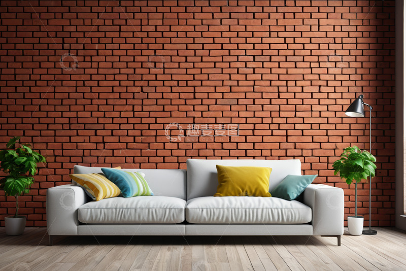高清大图下载【趣麦麦图】红砖背景前的沙发家居场景