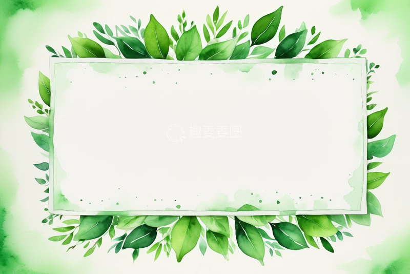 高清大图下载【趣麦麦图】绿叶环绕空白矩形水彩背景