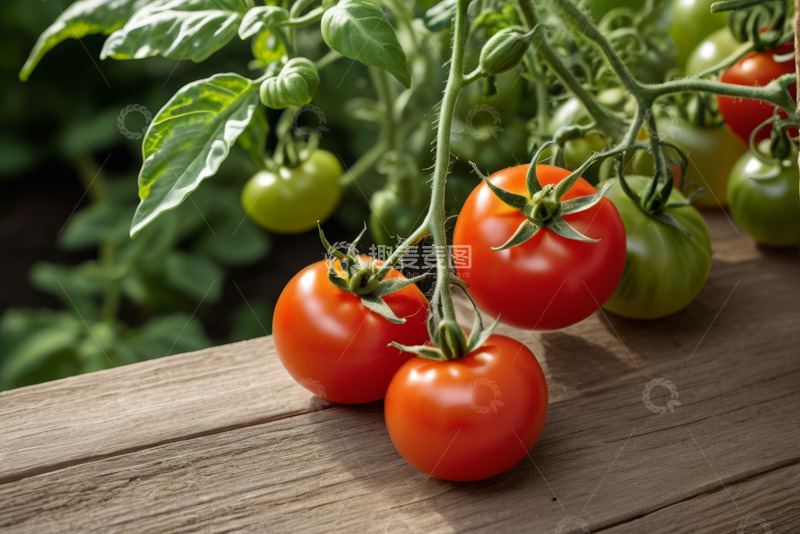 高清大图下载【趣麦麦图】木桌上的新鲜西红柿植株