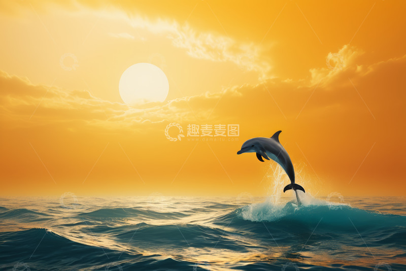 高清大图下载【趣麦麦图】夕阳下海豚跃出海面