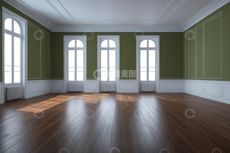 高清大图下载【趣麦麦图】室内绿色墙面木质地板空房间