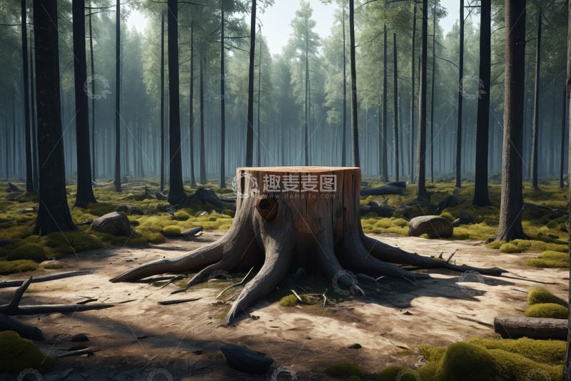 高清大图下载【趣麦麦图】森林中孤立的大树桩景观