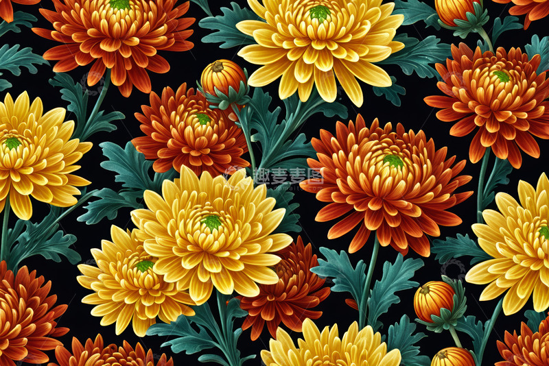 高清大图下载【趣麦麦图】黄橙菊花花卉图案
