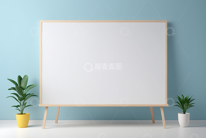 蓝墙前木质画架空白画板