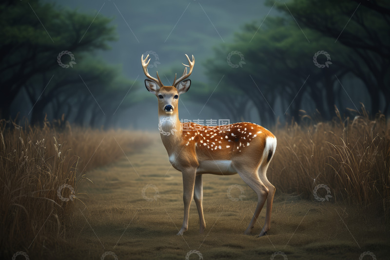 高清大图下载【趣麦麦图】森林中站立的梅花鹿