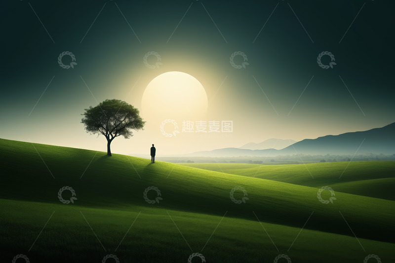 高清大图下载【趣麦麦图】户外草地一人一树与落日景象