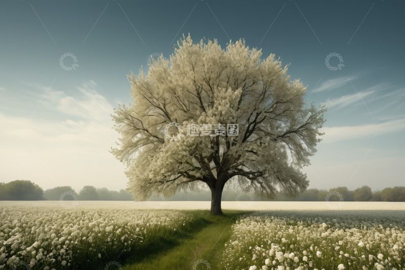 高清大图下载【趣麦麦图】田野中盛开白花的独树风景