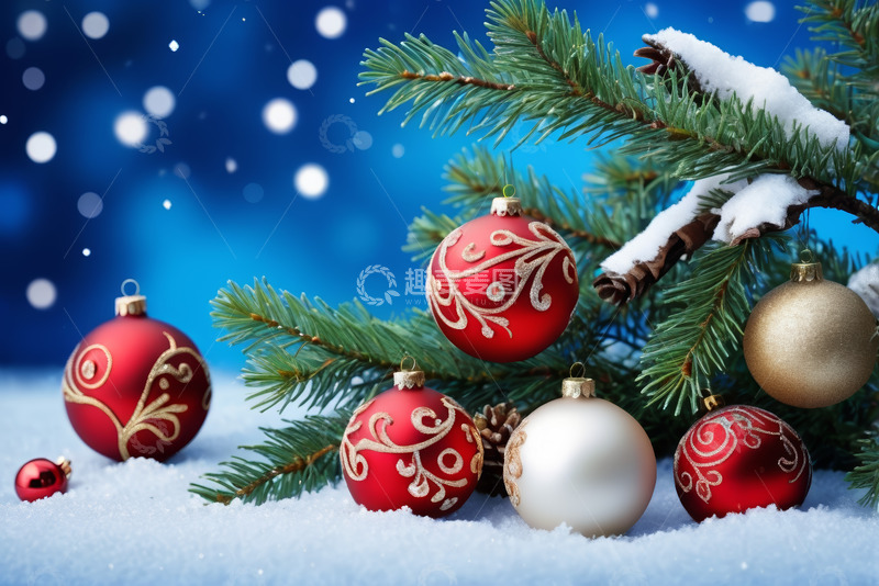 高清大图下载【趣麦麦图】圣诞装饰松枝雪景素材