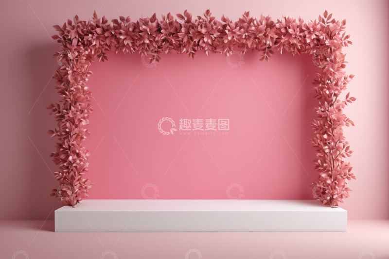 高清大图下载【趣麦麦图】粉色植物框架装饰的白色展示台