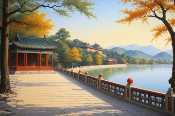 秋日中式湖畔亭阁风景