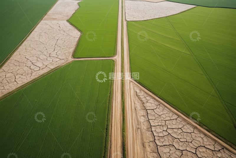 高清大图下载【趣麦麦图】航拍绿色农田与干裂土地