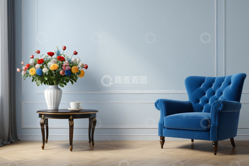 高清大图下载【趣麦麦图】室内蓝色沙发与花卉装饰场景