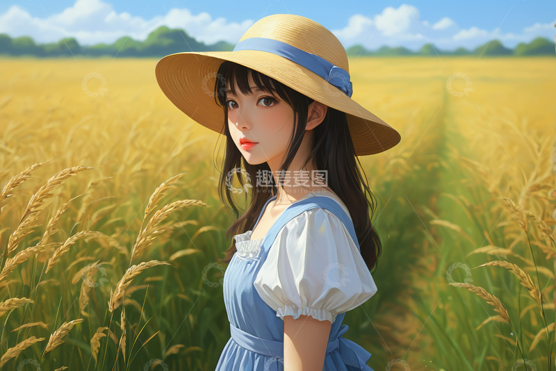 高清大图下载【趣麦麦图】田野中戴草帽的年轻女孩