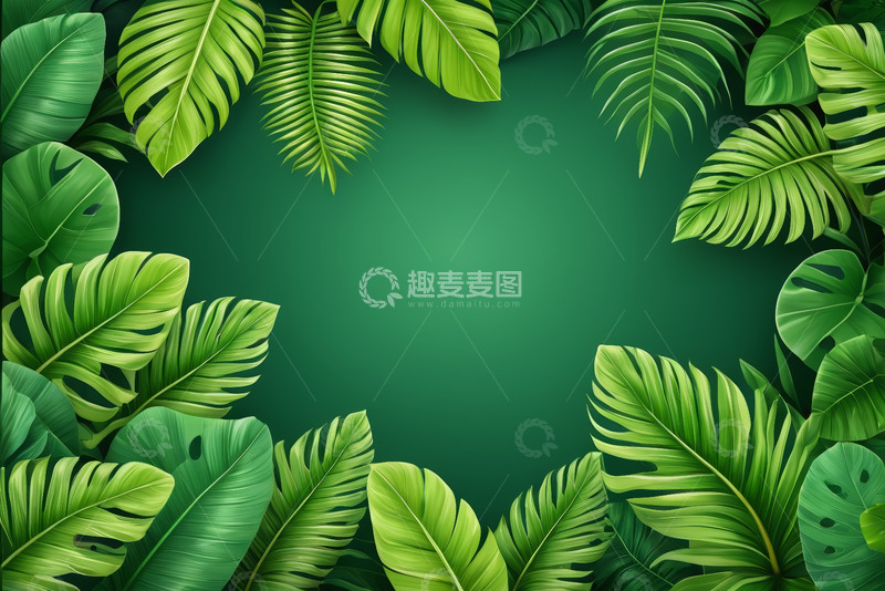 高清大图下载【趣麦麦图】绿色热带植物边框背景素材