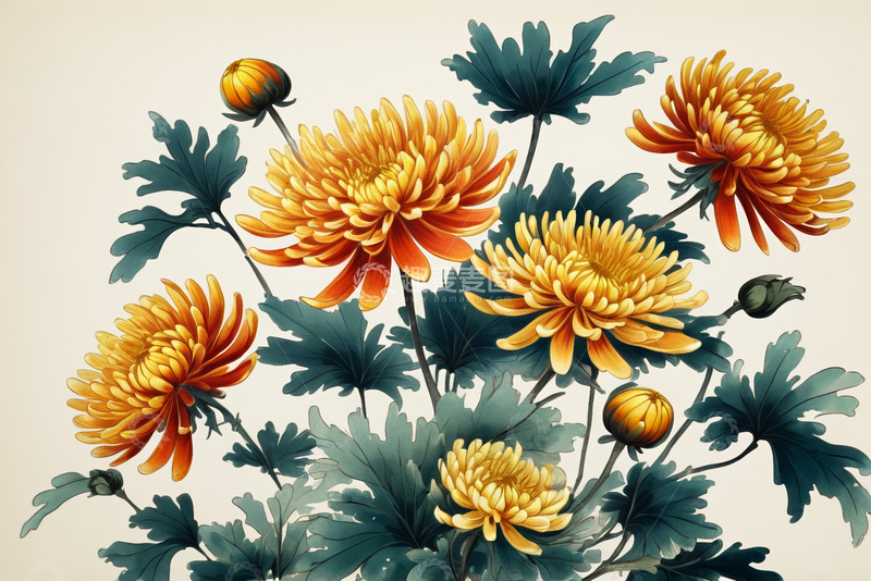 高清大图下载【趣麦麦图】黄色菊花花卉插画