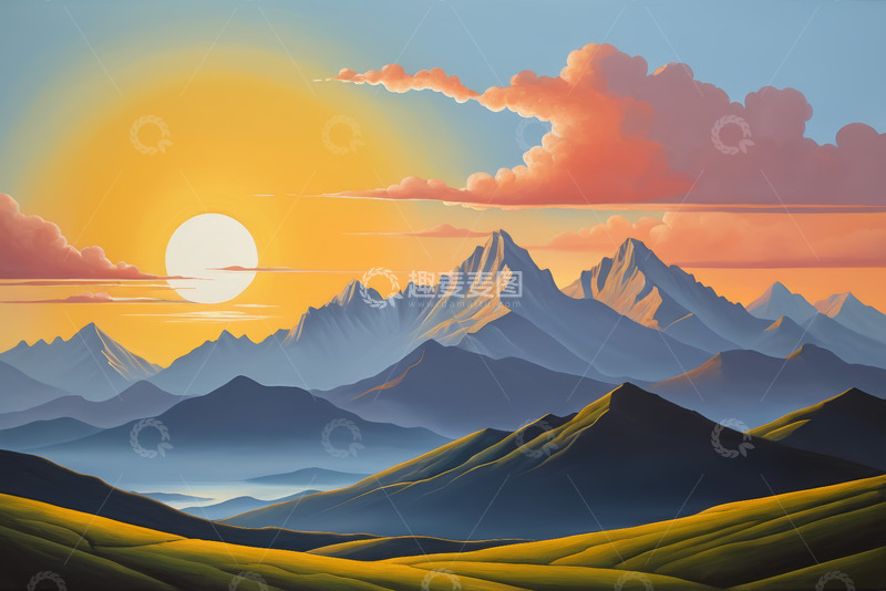 高清大图下载【趣麦麦图】夕阳下连绵山脉自然风光