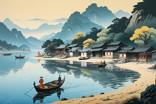 古风山水间乘船人物场景