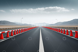 空旷公路上的交通锥摆放场景