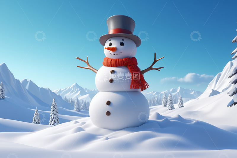 高清大图下载【趣麦麦图】雪山场景中的雪人
