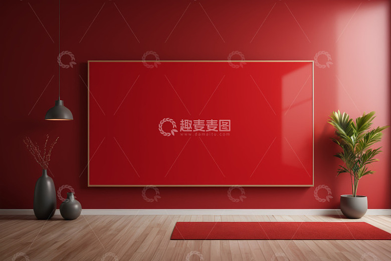 红墙房间内空白画框场景