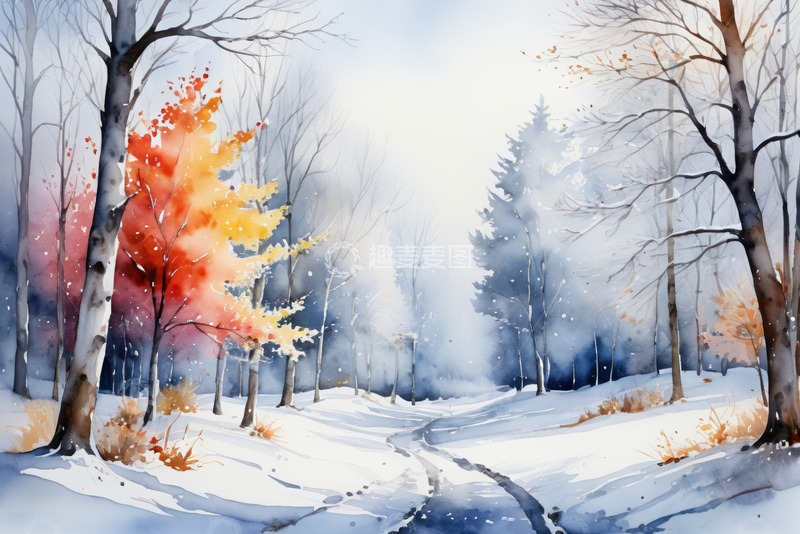 高清大图下载【趣麦麦图】雪后树林水彩风景