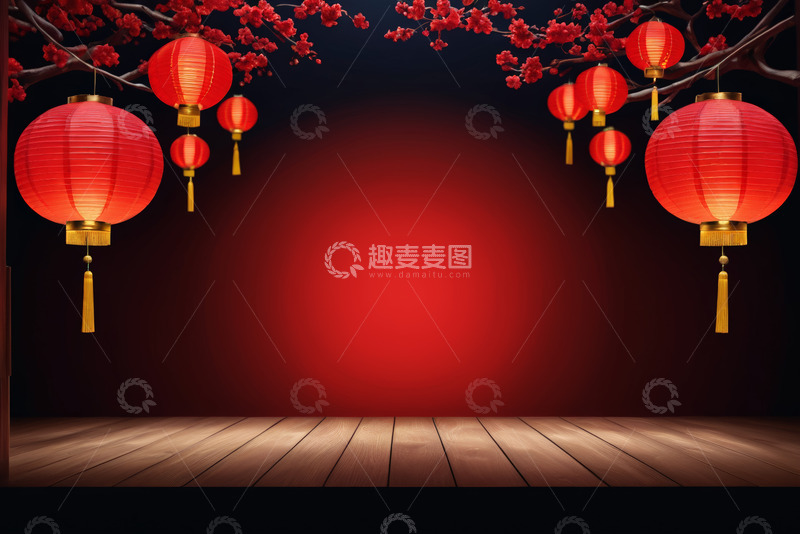 高清大图下载【趣麦麦图】红灯笼与红梅装饰场景
