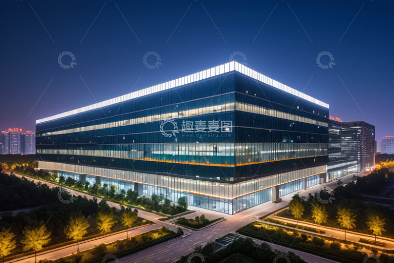 夜晚航拍现代办公大楼全景