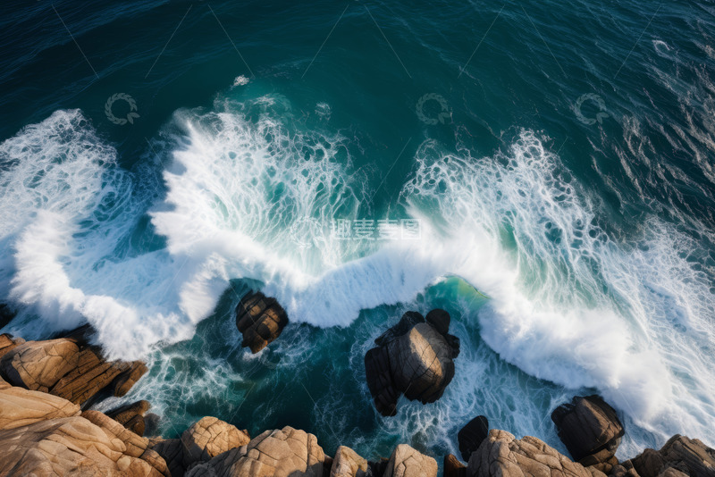 高清大图下载【趣麦麦图】俯拍海浪拍打岩石海岸
