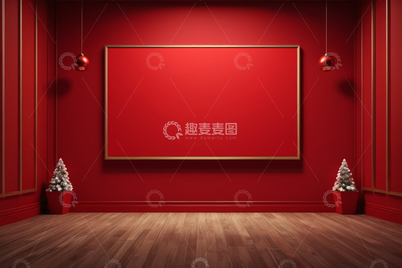 高清大图下载【趣麦麦图】红色背景墙圣诞装饰场景