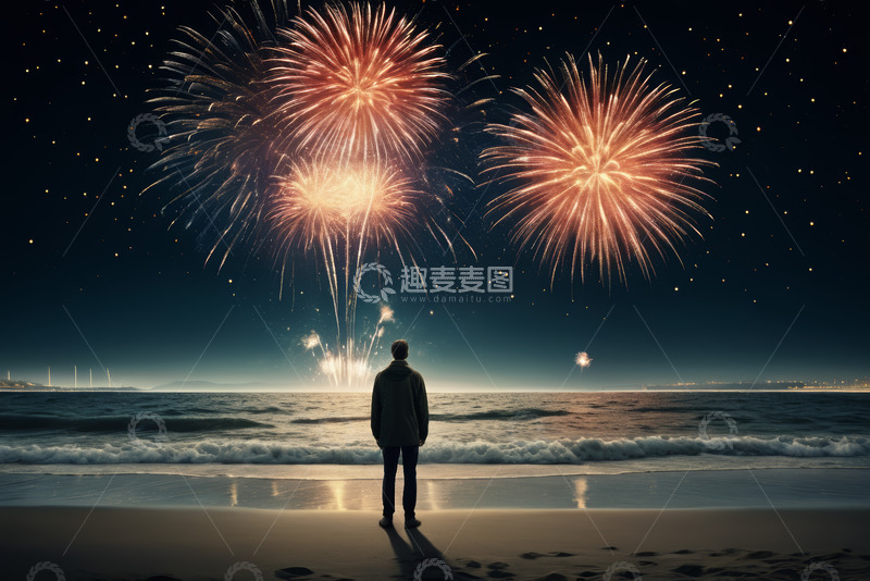 高清大图下载【趣麦麦图】海边男子观赏烟花夜景