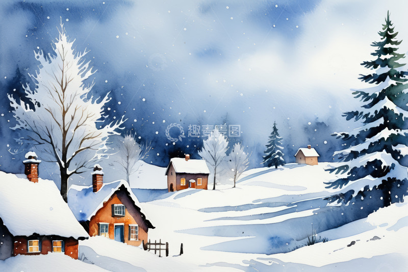高清大图下载【趣麦麦图】冬日雪景乡村小屋风景