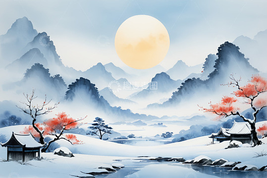 中式雪景山水古风场景