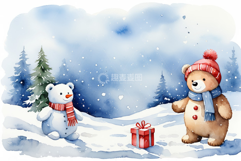 高清大图下载【趣麦麦图】雪地里戴帽小熊与北极熊和礼物